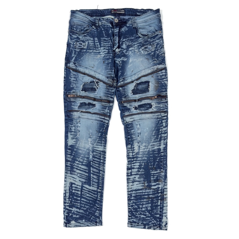 Bleecker & Mercer Moto Distress Zippers Denim Jeans Men's 35/32 (tag 34/32) Blue
